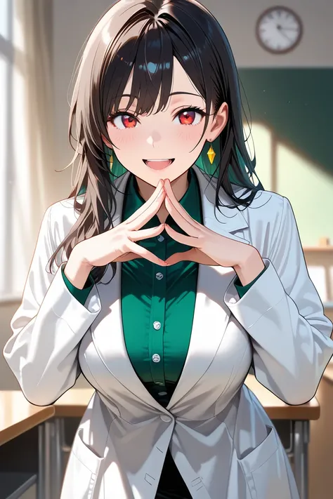 teacher ,1 woman , whole body , cool ,28 years old, solo, black long hair, red eyes \\BREAK shiny skin, , happy smile, blurry background, open mouth, smile,25 years old good anatomy, perfect anatomy, perfect fingers, perfect hands, (masterpiece:1.2),(best ...