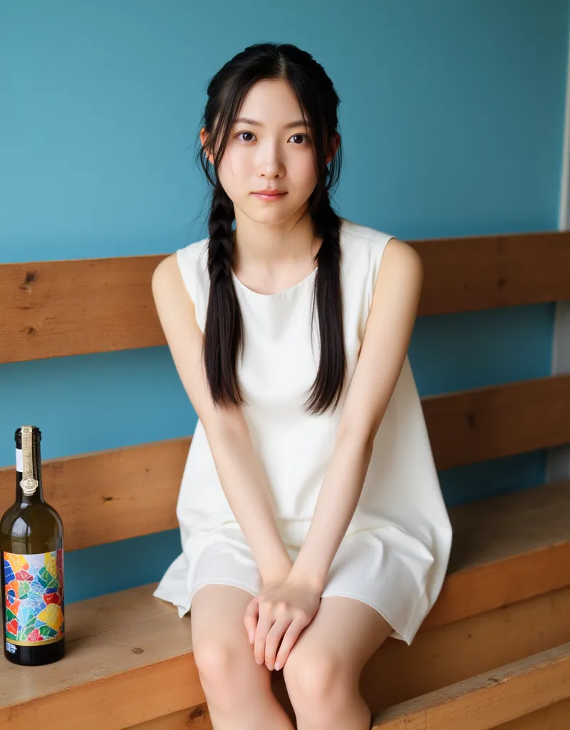 A young Asian woman named Airi sitting on a wooden bench with her legs crossed. She is wearing a white sleeveless dress and long straight hair, styled in two low ponytails. The woman is looking directly at the camera with a serious expression on her face. ...