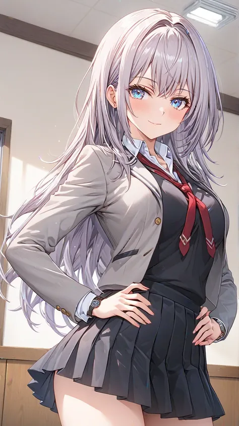  1 girl, solo, 
(( top quality、 Hi-Res、 highly detailed CG Unity 8K wallpaper)),

 Alisa Mikhailovna Kujou  ,  long hair, ( Silver Hair), stupid hair,  side bangs , (右の髪に red ribbon),  side lock,  blue eyes,  medium boobs,  tight ass、 Slender、 beautiful fa...