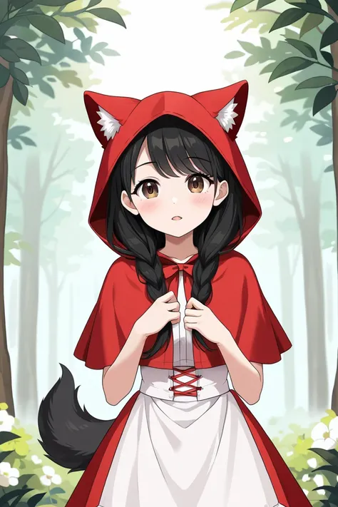  top quality,   Supernatural、(( girl))、 semi-long black hair, brown eyes, Little Red Riding Hood, red and white costume 、 wolf ear、 wolf tail 