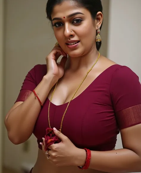 Whaeatush skin woman, wearing wine blouse, bindi in head, sweaty body, red glossy lips, wearing ear rings and small nosering, little bit thick, black hair tied round her back of head, silky cury waist, sexy navel, inside bathroom, having wet cloth in hand,...