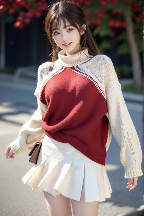  Realistic Photo Quality 、What is the Japanese model in a red sweater and white skirt、brown background、 cool red jacket 、 white miniskirt 、Japanese female fashion model、 looking at camera、Detailed and beautiful eyes、 cute smiles 、 soft and gentle expressio...