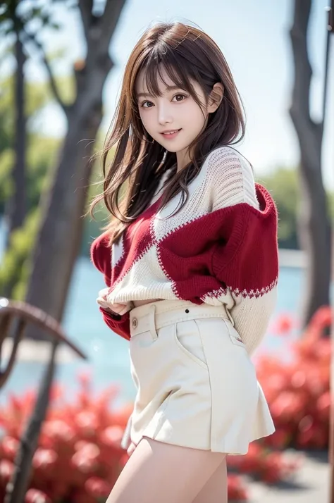  Realistic Photo Quality 、What is the Japanese model in a red sweater and white skirt、brown background、 cool red jacket 、 white miniskirt 、Japanese female fashion model、 looking at camera、Detailed and beautiful eyes、 cute smiles 、 soft and gentle expressio...