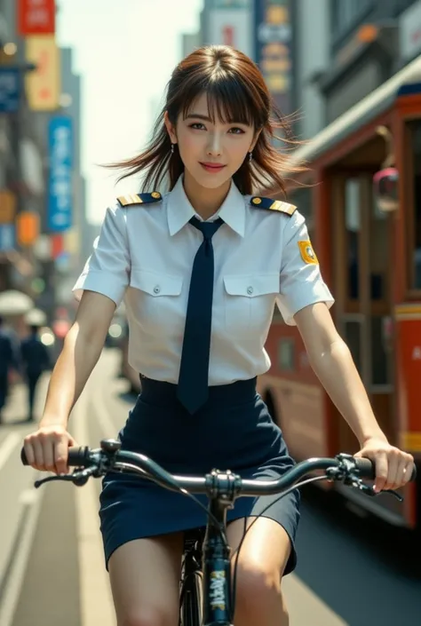 Sexy beautiful Japanese woman, a self defense officer uniform, wearing a white short-sleeved shirts, navy blue tie, navy blue pencil skirt, Black patent high heels, beautiful hip-line, Beautiful thighs, photo-realistic, ultra-realistic, dramatic scene, A w...