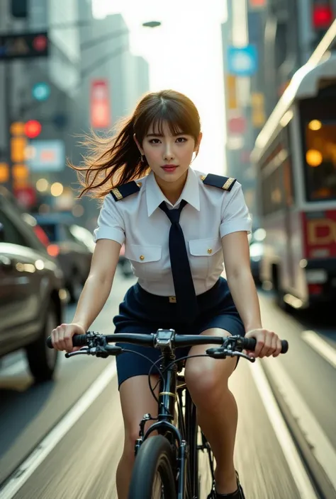 Sexy beautiful Japanese woman, a self defense officer uniform, wearing a white short-sleeved shirts, navy blue tie, navy blue pencil skirt, Black patent high heels, beautiful hip-line, Beautiful thighs, photo-realistic, ultra-realistic, dramatic scene, A w...