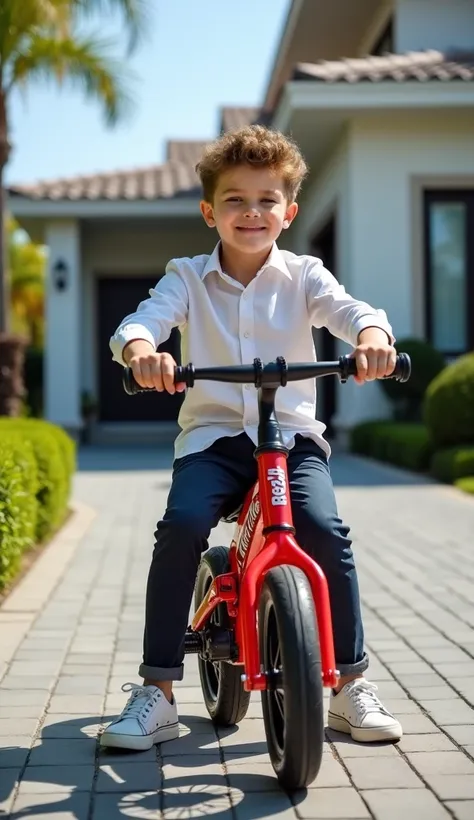 "A 15-year-old boy sitting on a stylish red Hype bike, exuding confidence and energy. He is dressed in a smart casual outfit, wearing a well-fitted shirt and pants. The background features a beautiful, modern house with elegant architecture, lush greenery,...