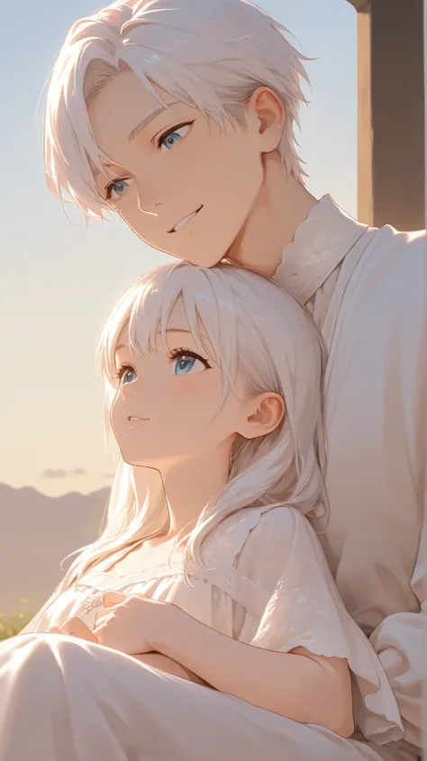 double expose. an old couple with white hair sitting under the sky, lying head on shoulder. in the sky, a close up young couple in wedding outfits smiling at each other