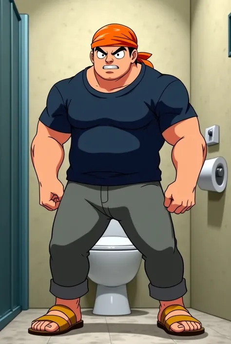 Strong man, muscular, less chubby, in Anime, wearing his orange bandana around his head, wearing his Navy-blue shirt, Gray pants, bronze yellow sandals on his feet, in the bathroom, he stomps on me with his feet, angrier, view from the bottom