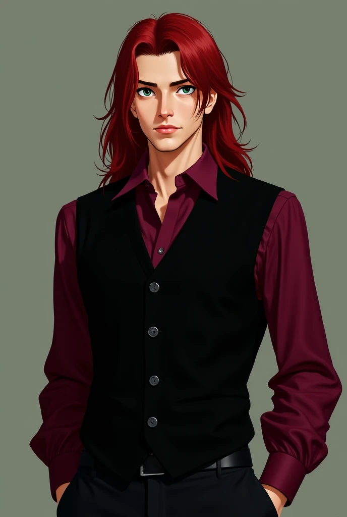  adult male,  hair long to the shoulder blades ,  hair color dark red ,  triangular face shape, eye color dark green ,  he is wearing a black vest ,  burgundy shirt and black pants race cat. he's serious 