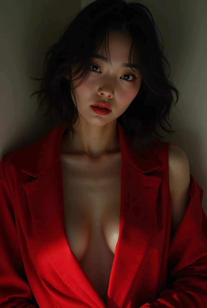 Korean girl shows her pussy in a red jacket