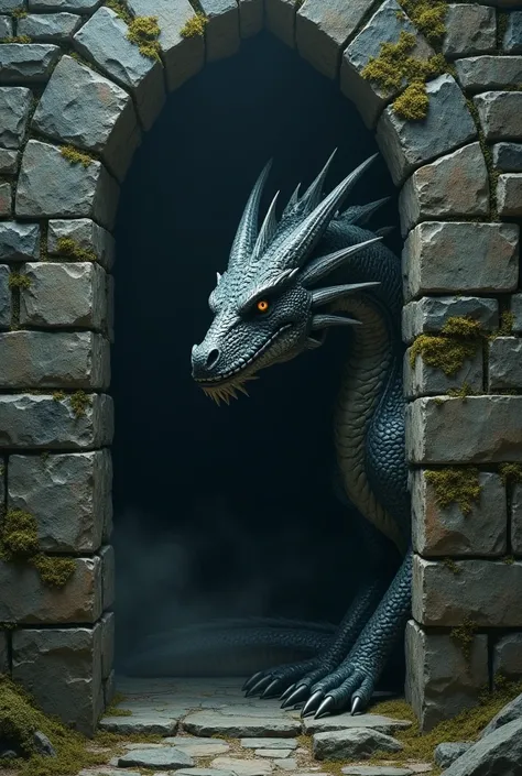 Dessine un dragon de profil mais regardant face a nous se cachant derrière un mur en pierre du moyen âge dans une ambiance obscure 