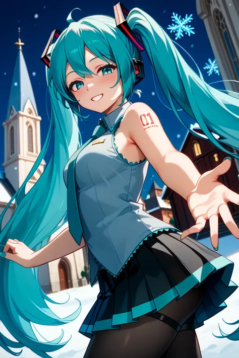     high quality  、    No posts        、     masterpiece、1 person、woman 、     Hatsune Miku 、          turquoise hair       、     twin tails    , seductive smile ,                 Making her body line perfect              、Hot body、          Create a perfec...