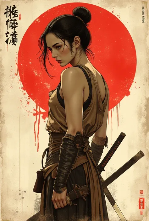 Young Asian samurai girl. He looks down seriously. Side view. The body is effectively curved .Shoulders are thrown back. The arms are loosely lowered along the body. The head is slightly turned towards the viewer. Very dark hair, gathered in a high, carele...