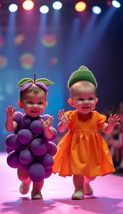   Two charming boys are rising up the confidently lit runway, , , each dressed in a realistic fruit-themed costume . One baby is dressed as a plump purple grapes cluster,  with softness , round "grapes" ทรงroundปกคลุมร่างกายและหมวกทำจากใบgrapesสีเขียวชอุ่ม...