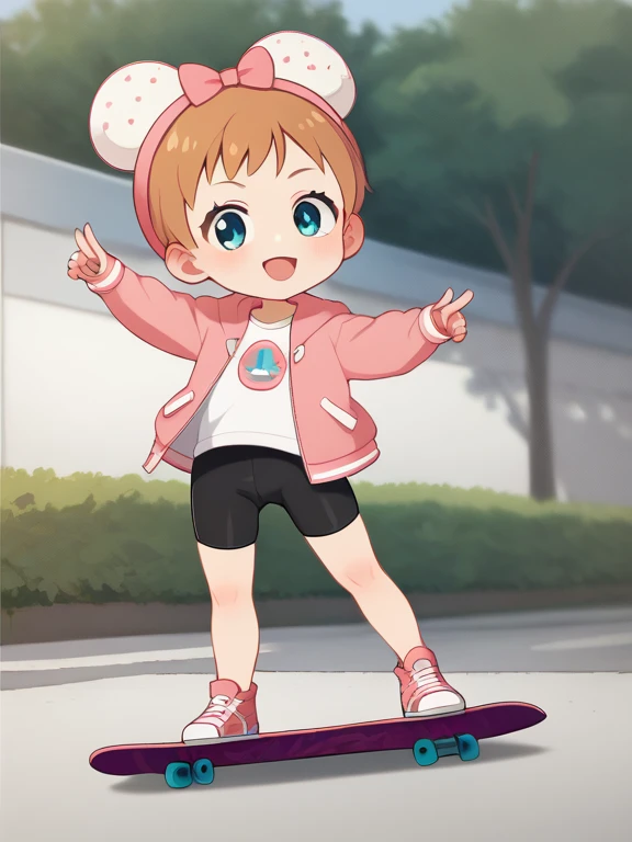  score_9,  score_8_ up,  score_7_ up,  score_6_ up,  score_5_ up,  score_4_ up,  anime，nsfw，  uncensored ， is riding a skateboard in the park，cute ish girl:1.5， short， Toddler type， Panchira，Pink bike shorts with ruffles :1.3， Clevis:1.2，(Accurate and deta...