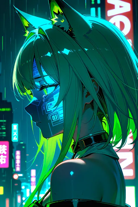 1girl, solo, Kal'tsit \(arknights\) arknights, bare shoulders, wet, portrait, profile, half-closed eyes, tears, glowneon, glowing, sparks, lightning, cyberpunk, hlpr, futuristic, hologram, glitch, error message, holographic face, ui, interface, nodes, part...