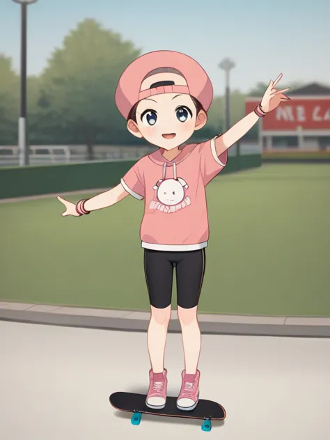  score_9,  score_8_ up,  score_7_ up,  score_6_ up,  score_5_ up,  score_4_ up,  anime，nsfw，  uncensored ，  is skateboarding in the park，cute ish girl:1.5， short， Toddler type， Panchira，Pink bike shorts with ruffles :1.3， Clevis:1.2，(Accurate and detailed ...