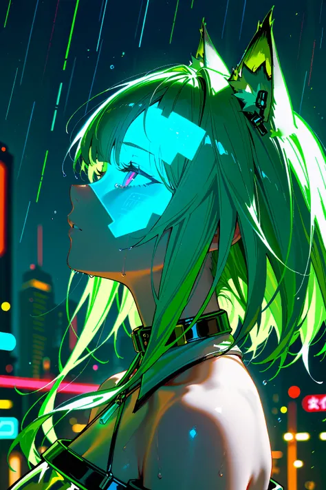 1girl, solo, Kal'tsit \(arknights\) arknights, bare shoulders, wet, portrait, profile, half-closed eyes, tears, glowneon, glowing, sparks, lightning, cyberpunk, hlpr, futuristic, hologram, glitch, error message, holographic face, ui, interface, nodes, part...