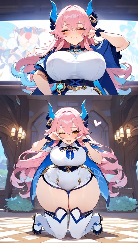 score_9,score_8_up,score_7_up,score_6_up, floox style,1 girl, Big breasts, Solo, genshin impact High resolution, smile Horns, Pink hair with blue details, long hair with blue tips, yellow eyes, Masterpiece, Best quality, genshin impact,, chubby girl, cute,...