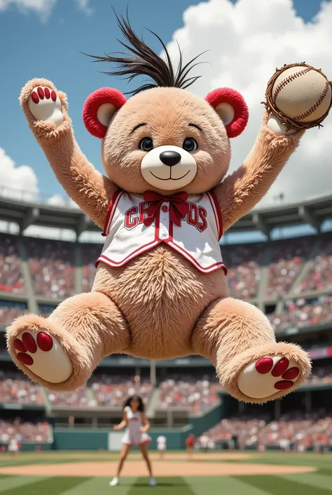 1girl\(smily,Looking up,full body,cheerleaders outfit\(Baseball glove on left hand, hands up,arms raised in air),stunding\), fly very large teddy bear in the sky,stadium ground wide shot,Aerial Shot near by ball,masterpiece, best quality 