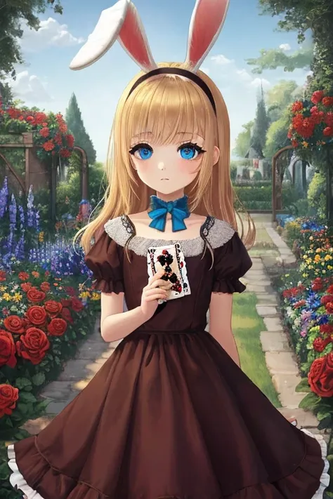  top quality,   Supernatural、(( girl))、 A garden with lots of red roses、 long blonde, blue eyes,Bunny ears、Rabbit、Alice、 blue headband、 PLAYING CARD 