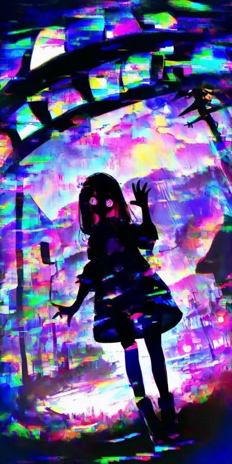 1girl,street lights, neon-color black light, tilt dutch angle,,fisheye-lens, (glitchy noise), waving hand big bye-bye,(multicolor glitch,glitch,neon), overly detailed pupils,glowing,chromatic aberration,railroad crossing,distorted, glitchy noisy train,dyna...