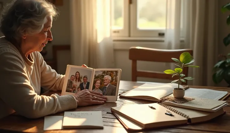 A warm and meaningful composition symbolizing the concept of legacy. The scene features an elderly person surrounded by elements that represent different aspects of leaving a meaningful mark: an open family photo album with generations of portraits, a hand...