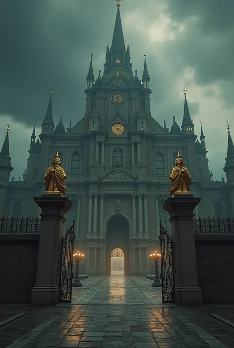 grand and imposing palace standing tall under a dark sky, surrounded by high walls and grand gates. The palace is adorned with golden statues and opulent structures, representing the grandeur of a tyrant ruler. The scene exudes a sense of power and oppress...