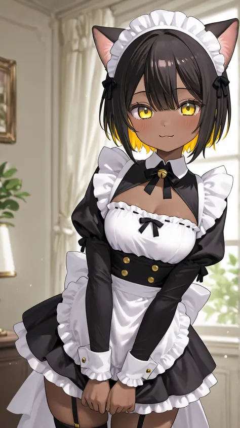  black short hair、Inner color hair with gray inside、 yellow eyes、 brown skin、 maid outfit、Cat ears、 beautiful woman、 cute、 smiles、 dyes her cheeks、Background white、front、stand、 while zazen、adult