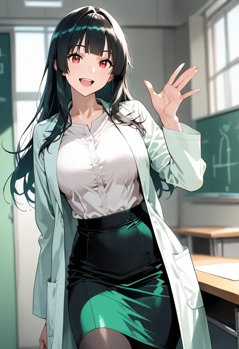 1girl,solo, long hair, black hair, red eyes, (green lab coat:1.6), \\BREAK shiny skin, smile, looking at viewer, blurry background, open mouth, smile,25 years old good anatomy, perfect anatomy, perfect fingers, perfect hands, (masterpiece:1.2),(best qualit...