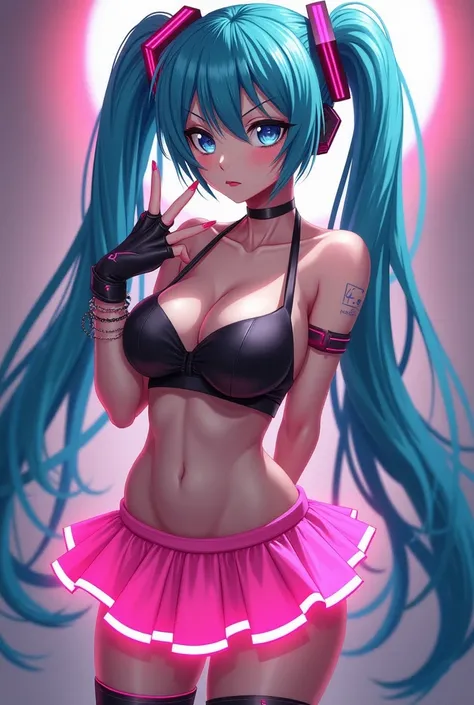 ((Hatsune Miku)), (heavy blushing), young, slender, blue hair, blue eyes, seductive expression, small breasts, underboob, (cyberpunk), (punk), neon skirt, athletic, choker, wristband, sexy, submissive, looking at viewer, upskirt, pink panties, realistic, (...