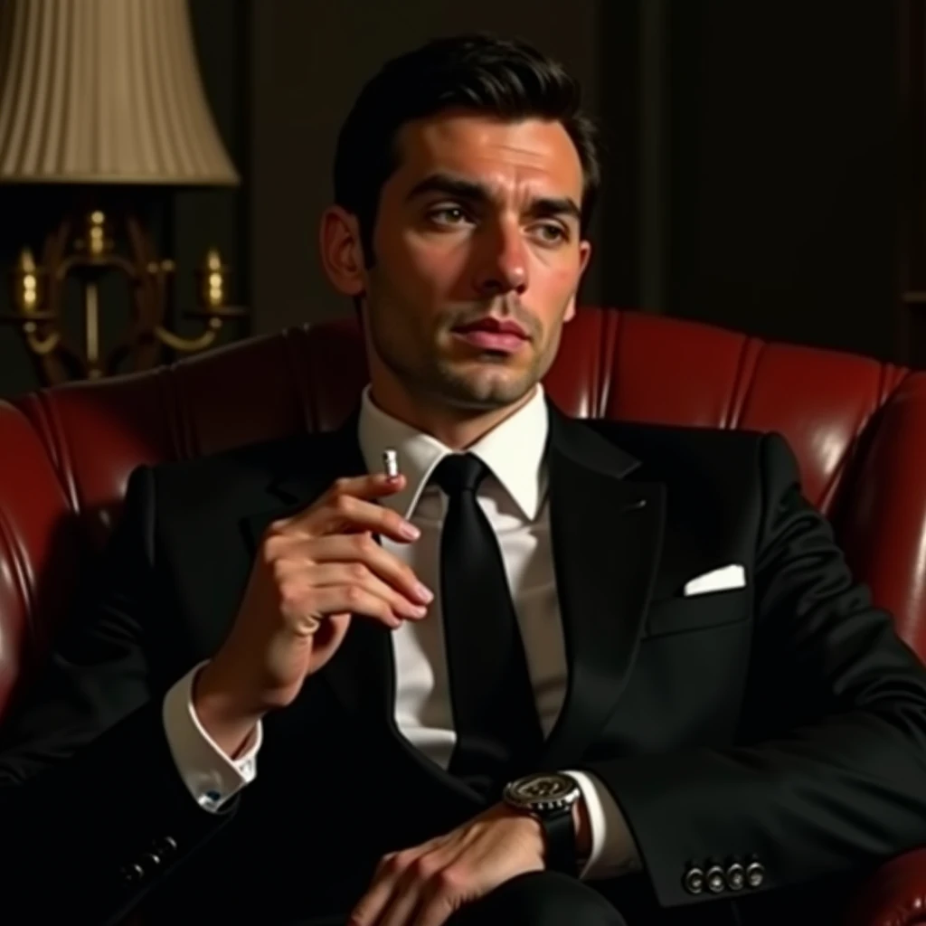 A man Age: 26 Italian, Mafia Boss, green eyes, his face is very handsome he's really handsome he's not old he's still young and hot He was sitting on a leather sofa with a cigarette in his hand, fair skin but not too fair skin and a strong body wearing a s...