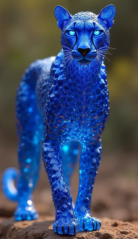 A breathtakingly hyper-realistic hybrid cheetah, entirely composed of radiant sapphire gemstones, standing proudly in its natural habitat. Its sleek, muscular body shimmers with deep blue hues, each facet of the sapphire catching the light in a mesmerizing...