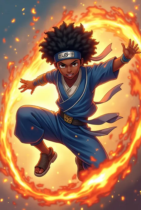 Un garçon noir style anime Naruto il maîtrise le feu et l'air, il a des cheveux afro il porte un habit comme Hashirama Bleu et blanc avec un bandeau à la tête 