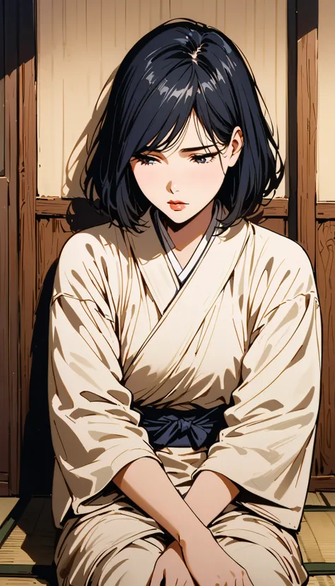 vintage movie, girl, short hair, navy hair, straight hair, woman body, white kimono, tatami, meditating
, hyuga clan, shinobi village, konohagakure, (((perfect lips))), perfect hair, looking down, shy, melancholic, ((young)), ((19 years old))
