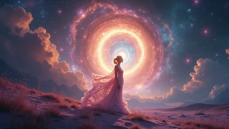  The following is an eternity for 《The universe loves you 》 text ， Highlight the healing and poetic atmosphere of the universe ：

** Core elements of the picture ：**
1.  flowing stardust and a stream of rose-colored particles wrapped around an abstract hum...