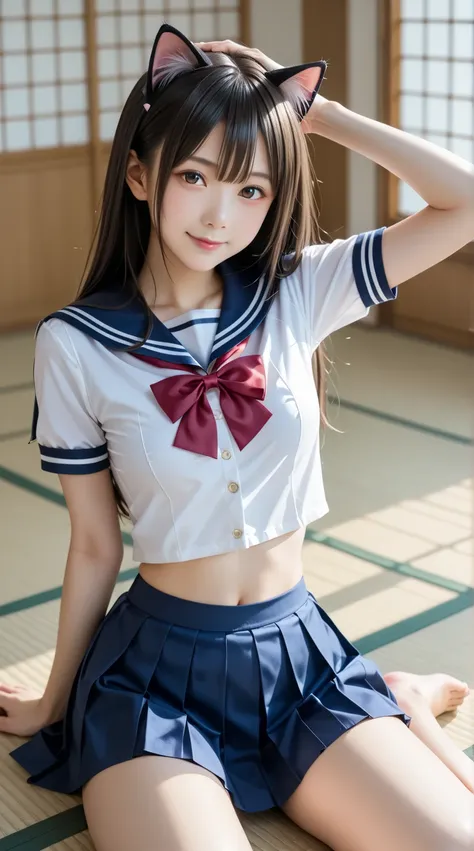 There is a smiling, wet woman lying on tatami mat、prone born、Beautiful thighsをクローズアップする、extreme-upBeautiful thighs、Beautiful thighs、 back shot、 sailor collar 、 Navy Blue Ruffle Skirt、sailor red ribbon、Cat ears,  cute high school girl grabbing someone else'...