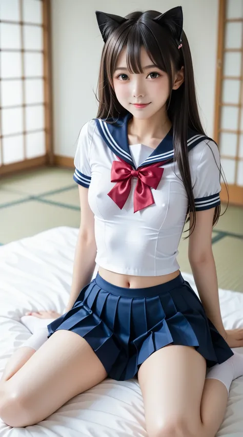 There is a smiling, wet woman lying on tatami mat、prone born、Beautiful thighsをクローズアップする、extreme-upBeautiful thighs、Beautiful thighs、 back shot、 sailor collar 、 Navy Blue Ruffle Skirt、sailor red ribbon、Cat ears,  cute high school girl grabbing someone else'...