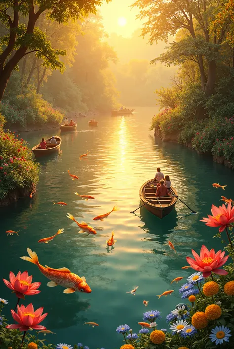 The river shimmered under the golden light, its waters rippling gently as schools of golden fish darted beneath the surface. Their scales glowed like tiny suns, catching the light with each flick of their tails. Along the banks, clusters of vibrant flowers...