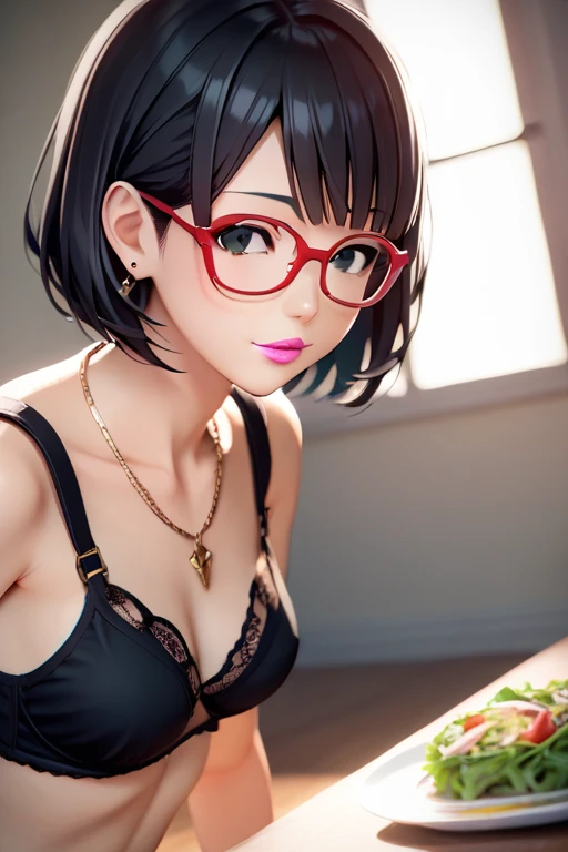   score_9,   score_8_   up,   score_7， anime，( one woman standing upright on the floor，  alone), ( After 、Wakatsuki Risa , Salad Uchi ,   black hair,  short hair, black eyes,  red glasses), (( alone, (1 Female,  Wears Pink Lipstick , black eyes),  extremel...