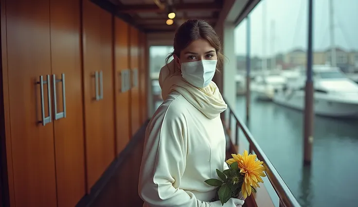 high fashion photography of a well-built man as a ((fisherman)) with ((plait hair)) wearing a (scarf),  dressed in white fencing uniform,  mask,  wooden cabinetry,  metallic handles,  indoor lighting,  blurred marina,  Standing upright,  Left hand holding ...