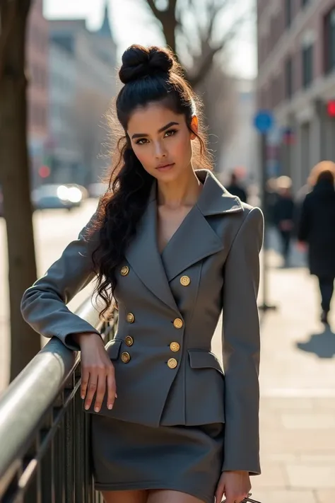 Urban street scene, elegant beautiful young woman in gray outfit, peplum jacket with gold buttons, short skirt, long curly black hair, updo hairstyle, leaning on railing, bare trees, city background, newspaper in hand, sunlit sidewalk, fashion photography,...