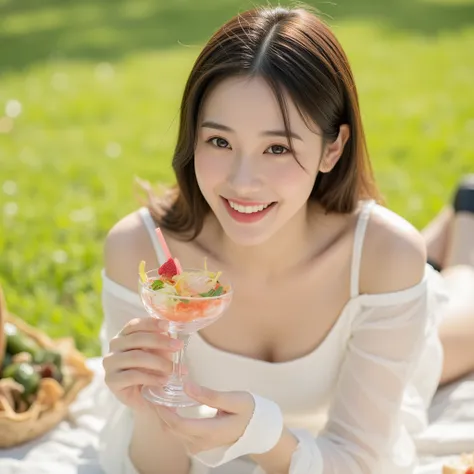 A charming 20-something cute super sexy Japanese person enjoying a relaxing picnic on a lush green park lawn, captured in a medium close-up shot. They are dressed fashionably in warm colors such as soft white, wearing a revealing yet elegant outfit that hi...