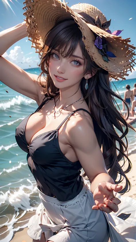  top quality,  masterpiece, , ,short, Big Breasts, Gray Hair, Rose in Tail ,  purple eyes,  Yukine Chris,  thin twin tail ,,  beach, sea,  white dress,  White Skirt,  white dress,  Straw Hat,  (((shy))), ( happy), Lean forward , summer,  from above,  reach...