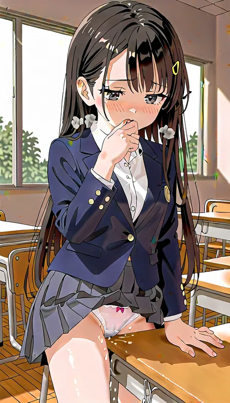 ( masterpiece, beautiful,hughres,CG,8k,16k, top quality, Hi-Res, Fine fingers , detailed hands, detailed legs,  fine eyes :1.5), panties, 1 girl, alone,(classroom,School, school desk:1.5),(School uniform, black hair,  very long hair,  straight hair , white...