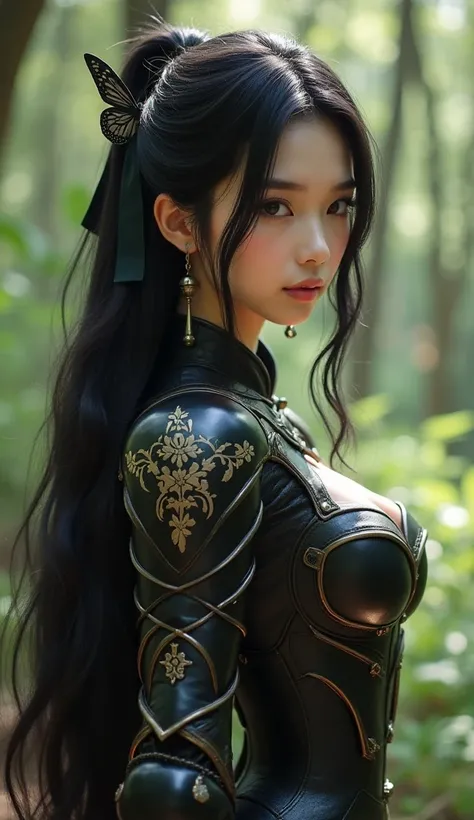 ((( Armor with a butterfly motif ,Black is the base tone, Designed to fit the body, ribbon hair ornament ))), Round face that looks young like a girl , black hair, super long hair, Beautiful shiny and shiny hair ,( slimming, slim figure), full body, place ...