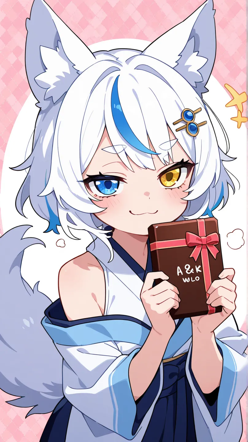 upper body, a Chibi Character, 
Solo, a girl, a SiroInuKoma, heterochromia eyes, blue eye, gold eye, thick eyebrow, a smug expression, semi long, white hair, wolf ear, blue streaked hair, fluffy tail, white dog tail, blue hairpin, 
BREAK, 
white sleeveless...