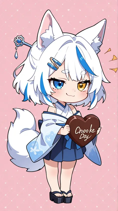 upper body, a Chibi Character, 
Solo, a girl, a SiroInuKoma, heterochromia eyes, blue eye, gold eye, thick eyebrow, a smug expression, semi long, white hair, wolf ear, blue streaked hair, fluffy tail, white dog tail, blue hairpin, 
BREAK, 
white sleeveless...