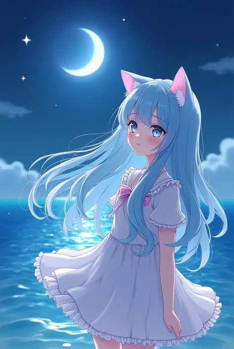 A girl with long light blue hair in a cute cat-eared dress with the sea and moon in the background