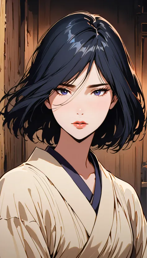 vintage movie, (solo) girl, short hair, ((navy hair)), straight hair, woman body, white kimono, focus in her face, hyuga clan, shinobi village, konohagakure, (((perfect lips))), perfect hair, shy, melancholic, ((young)), ((19 years old))
